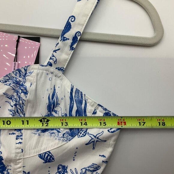 New Avec Les Filles 6 Blue White Toile Sea Creatures Mermaid Seahorse Midi dress - Picture 9 of 16